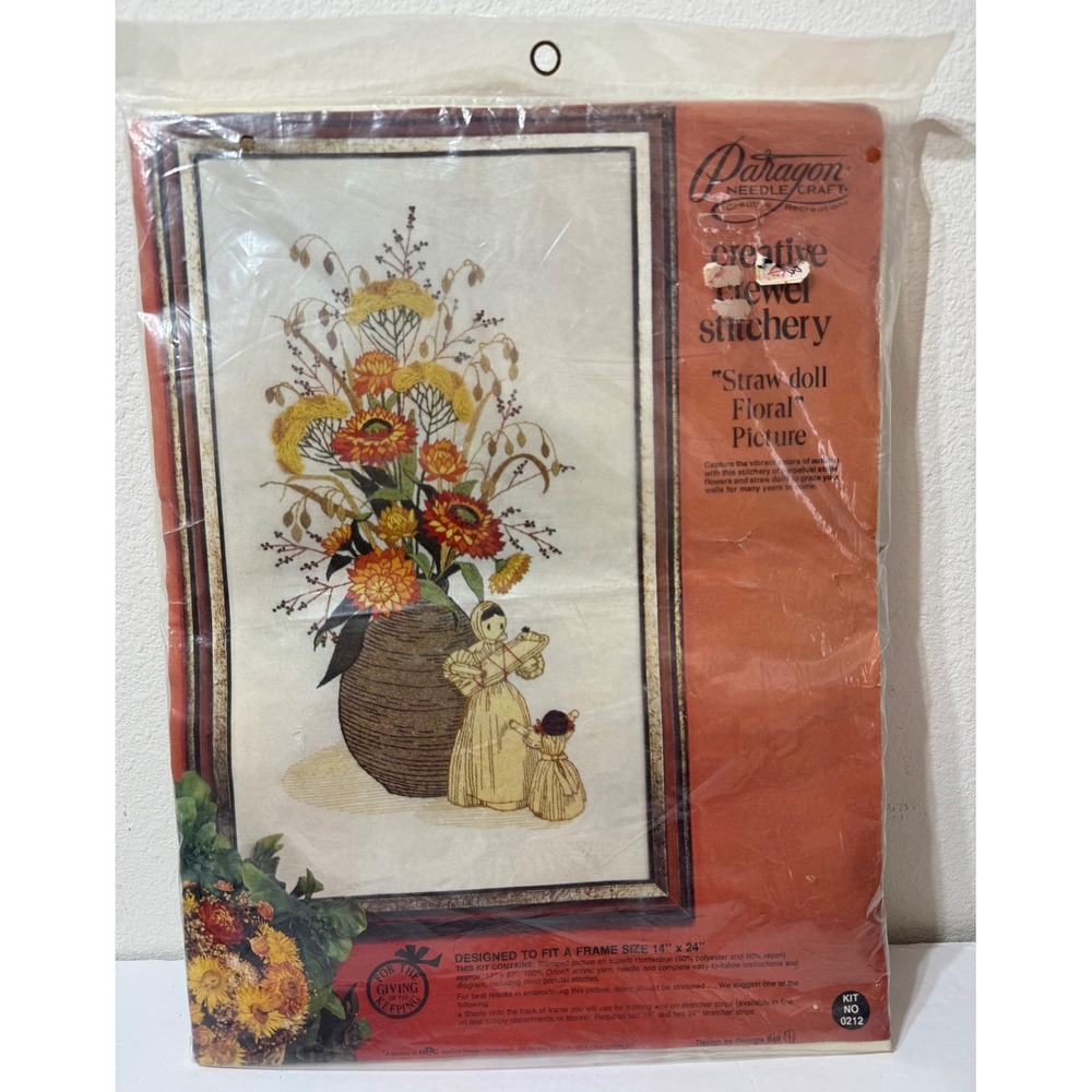 Vintage Paragon Creative Crewel Stitchery Kit 0212 Straw Doll Floral 14x24 1975